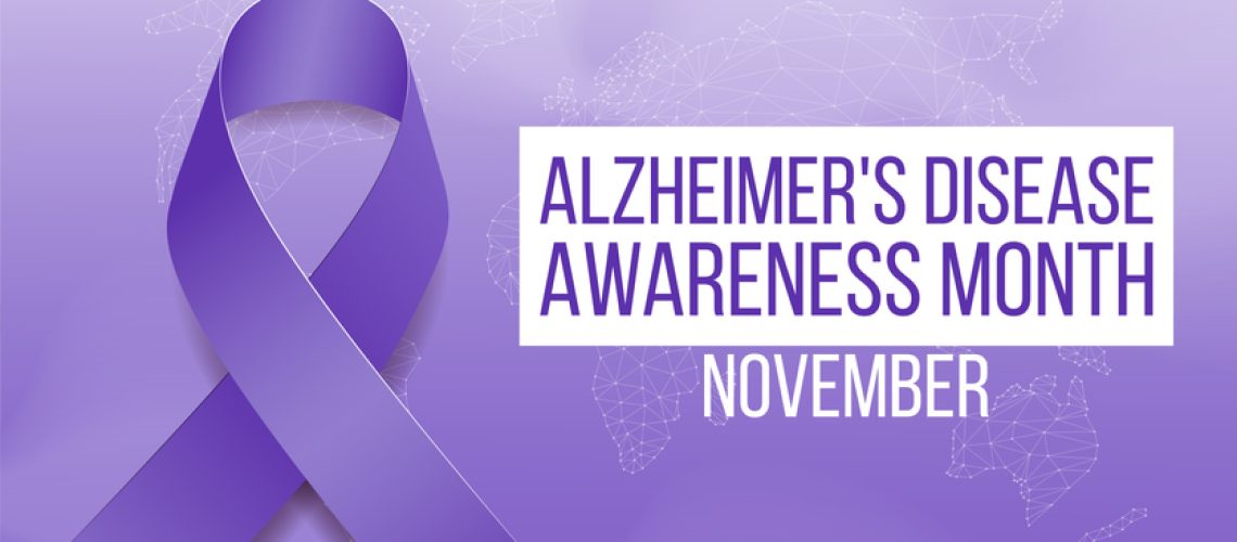Alzheimer's disease awareness month concept. Banner template with purple ribbon and text.  Vector illustration.